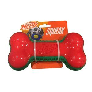 NERF DOG Holiday Edition Squeak 7 1/2" Bone Red Green Dog Toy